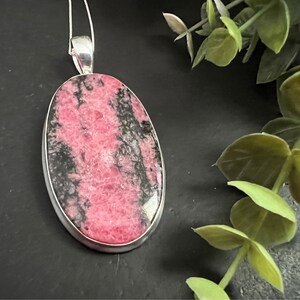 Rhodonite crystal necklace, large one of a kind pendant, 925 sterling silver, unique natural stone, gifts for her, large oval pendant