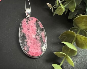 Rhodonite crystal necklace, large one of a kind pendant, 925 sterling silver, unique natural stone, gifts for her, large oval pendant