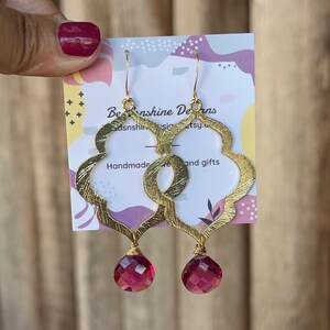 Rubellite statement Earrings, Quartz drop Earrings, Boho Dangle Earrings, gold modern Jewelry , gifts for her,