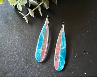 Long intarsia earrings, statement earrings , apatite and cherry quartz earrings , unique dangles, natural stone earrings, lightweight