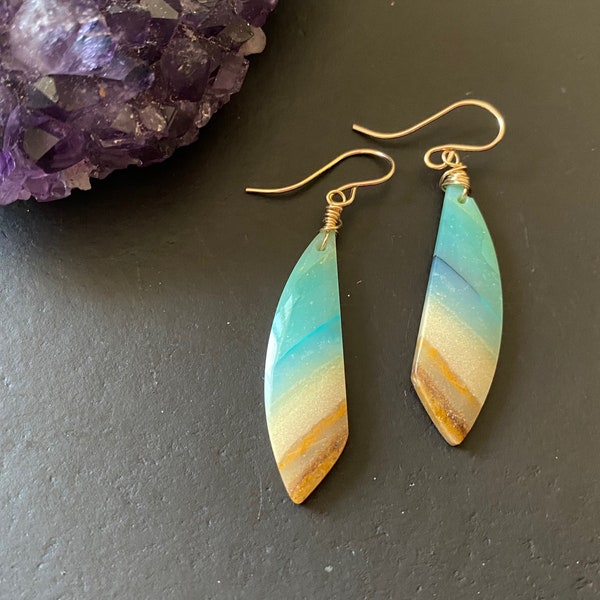 Statement earrings,rare blue opal earrings, beach earrings , 14k gold fill ear wires , opalized wood earrings, aqua water sand earrings