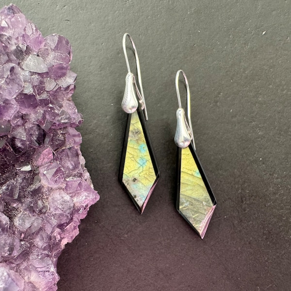 Statement earrings, Labradorite earrings, natural stone earrings, 925 sterling silver ear hooks, intarsia earrings, onyx earrings