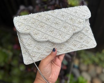 Stunning bridal bag, handmade beaded bag, beige color, scalloped envelope bag, designer purse, wedding gift, gifts for her