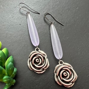 Boucle d&#39;oreille en verre de mer, boucles d&#39;oreilles en forme de larme, boucles d&#39;oreilles fleurs en argent antiques, boucles d&#39;oreilles bohèmes, cadeaux pour elle