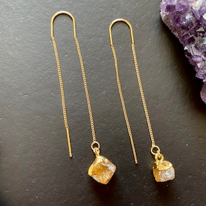 Gold threader earrings, raw natural citrine earrings,dainty and minimalist,sterling silver 925 , gifts for her, November birthstone