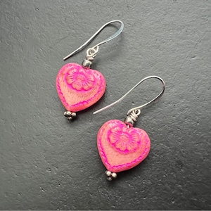 Roze hart bloem oorbellen, Boho Dangle Oorbellen, vintage sieraden, Tsjechische glazen oorbellen, Boho Hippie oorbellen, uniek cadeau voor haar