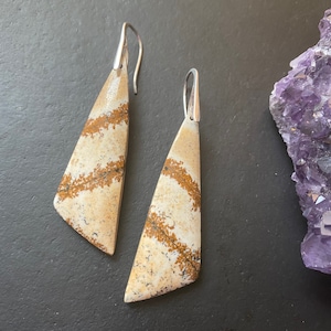 Boucles d&#39;oreilles en jaspe illustré, boucles d&#39;oreilles en jaspe, boucles d&#39;oreilles en pierre naturelle, boucle d&#39;oreille tendance, fils d&#39;oreilles en argent sterling