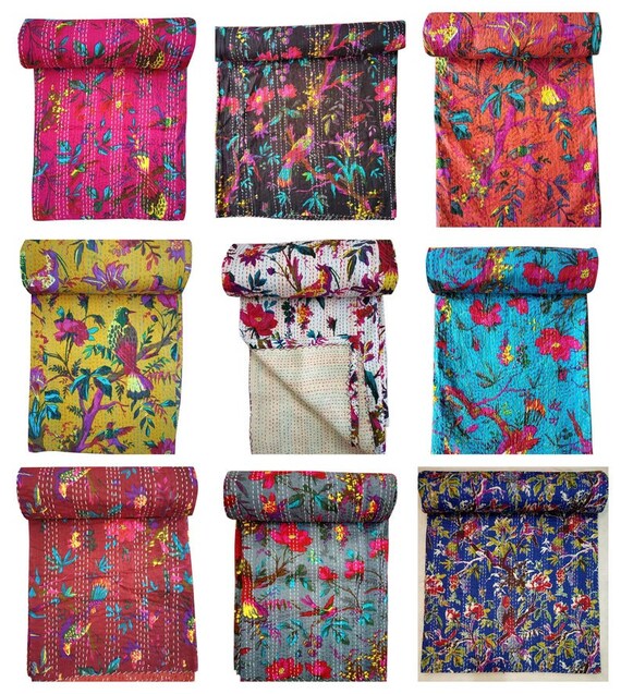 Details about   Chrishmas GiftIndian Handmade Bird Print Kantha Bedcover Quilt  Vintage Blanket 