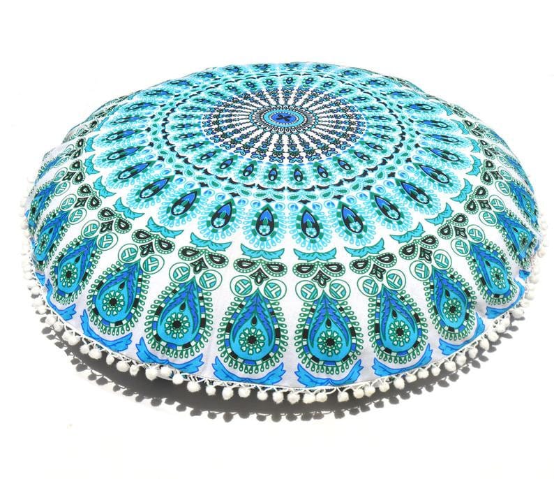 Large Floor Cushion Mandala Indian Round Pillow Case Bohemian Cotton Ottoman Pouf Cover Indian Handmade Mandala Floor Cushion Pillow Cover