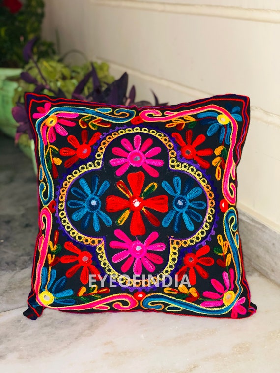 Floral Embroidered Square Cotton Cushion Cover Indian Throw Red Pillow Case Floral Embroidered Square Cotton Cushion Cover Indian Throw Red Pillow Case