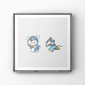 Doraemon et Mickey Mouse Print Art, Affiche minimaliste, Urban Wall Art, New Home Gift, Art Print, Robot Cat, Anime Poster, Cartoon Poster