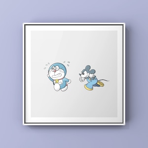 Doraemon and Mickey Mouse Print Art, Minimalist Poster, Urban Wall Art, New Home Gift, Art Print, Robot Cat, Anime Poster, Cartoon Poster