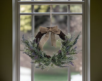 16" Lavender Half Twig Wreath for your front door, interior door, kitchen, windows and fireplace - Indoor/Outdoor Farmhouse