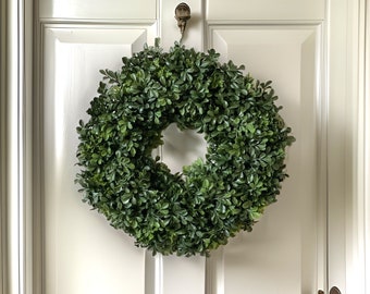 Realistic Artificial 18" BOXWOOD WREATH - Indoor-Outdoor Green Wreath for Front Door or Wall, Candle Ring -Hanging Farmhouse Everyday Wreath