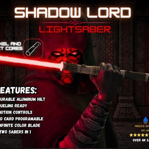 Puede incluir: Un sable de luz rojo con el texto "SHADOW LORD LIGHTSABER". Las características incluyen una empuñadura de aluminio duradera, controles de movimiento y una hoja de color infinito. La imagen también incluye el texto "NEOPIXEL AND BASELIT CORES" y "TWO SABERS IN 1".