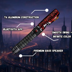 May include: A black and silver lightsaber with a red patterned hilt. Features include T6 aluminum construction, a Bluetooth app, smooth swing, infinite color options, and a premium bass speaker.