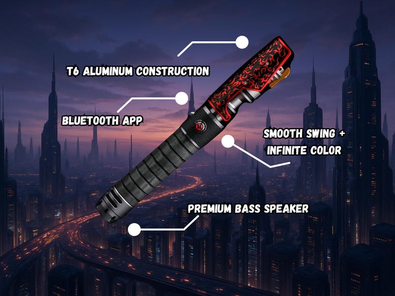 May include: A black and silver lightsaber with a red patterned hilt. Features include T6 aluminum construction, a Bluetooth app, smooth swing, infinite color options, and a premium bass speaker.
