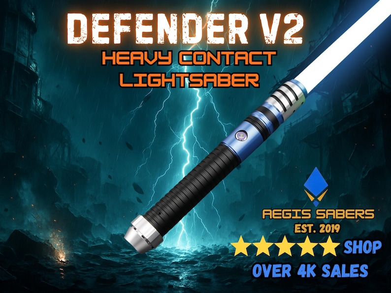 May include: Defender V2 heavy contact lightsaber with a bright white and blue blade. The hilt is black and blue with silver accents. The image includes the text "AEGIS SABERS EST. 2019 SHOP OVER 4K SALES".