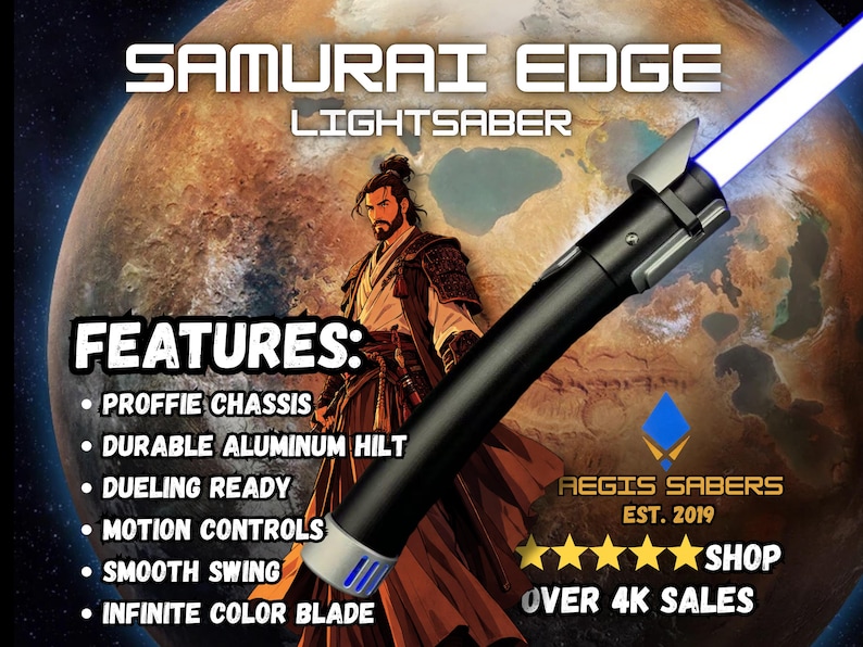 May include: A black Samurai Edge Lightsaber with a blue blade, featuring a durable aluminum hilt. The image includes text highlighting features like Proffie chassis, motion controls, and smooth swing. The background shows a warrior and a planet.