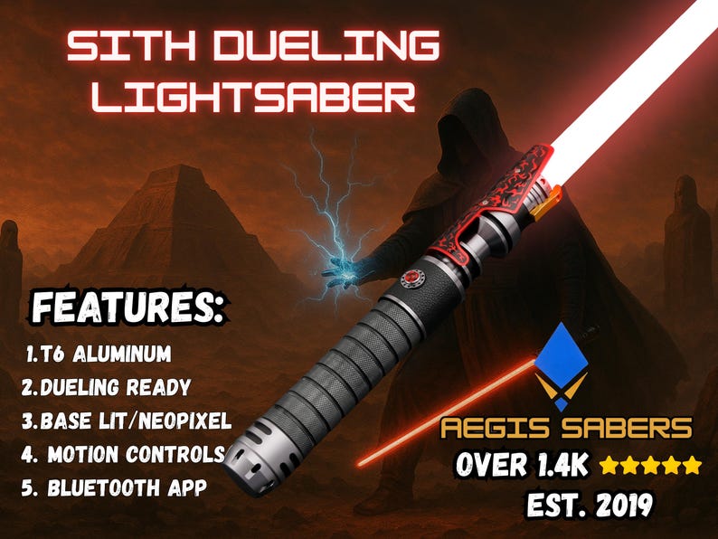 May include: A Sith Dueling Lightsaber with a red blade and a black and silver handle. The image includes the text "FEATURES: T6 Aluminum, Dueling Ready, Base Lit/Neopixel, Motion Controls, Bluetooth App."