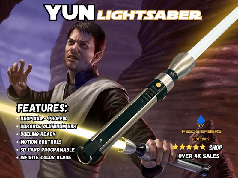 May include: A lightsaber with a silver and black hilt and a bright white blade, held by a person. The image includes the text "YUN LIGHTSABER" and lists features such as "Neopixel - Proffie" and "Durable Aluminum Hilt."