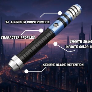 May include: A futuristic lightsaber with a black, blue, and silver design. Features include T6 aluminum construction, 16 character profiles, smooth swing, infinite color blade, and secure blade retention.