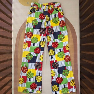 Kids Vintage 1970s Cotton Striped Calico Floral Patchwork Print Bell Bottom Pants with Trees Kids size 14