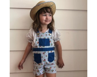 Vintage 1970s HealthTex Floral Pinstripe Short Overalls with Pockets Vintage Health Tex Overalls 3T 4T