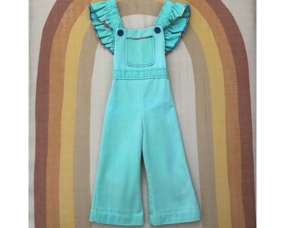 Vintage Girl's Mint Green Ruffle Overalls Jumpsuit