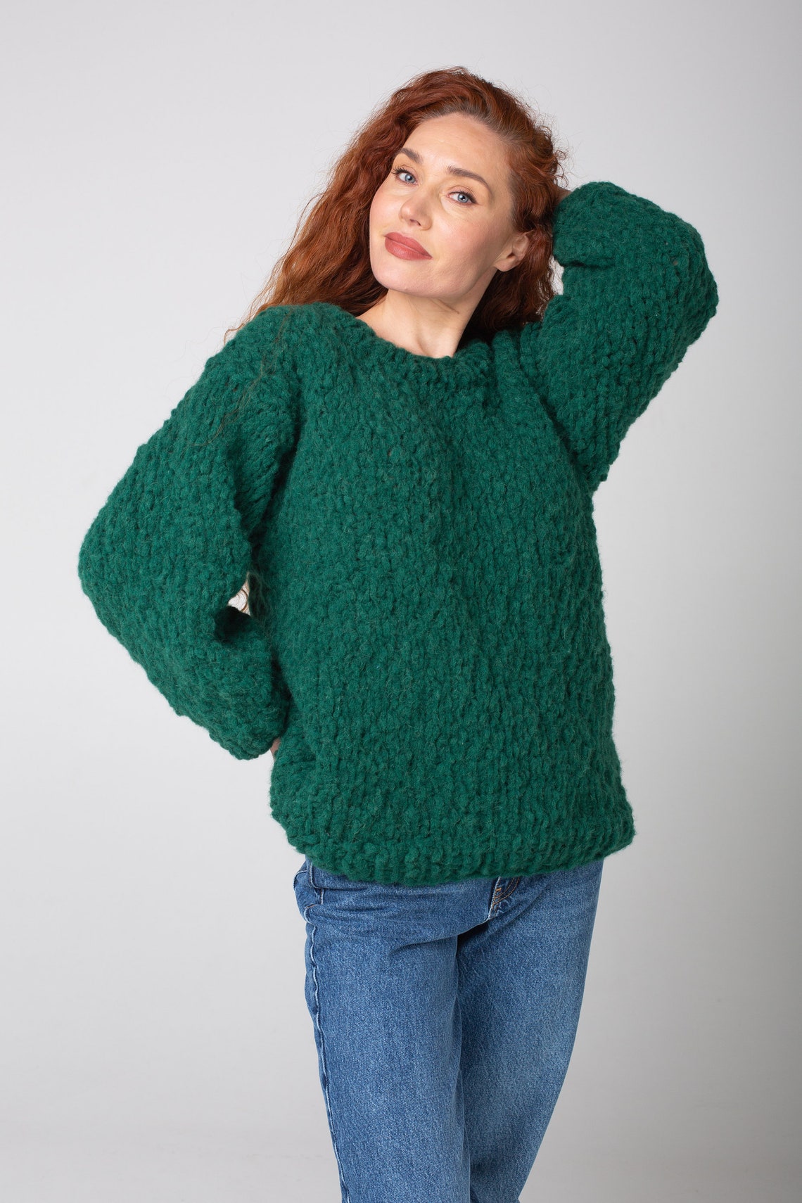Green Oversize Sweater / Soft Alpaca Wool Hand knit Sweater / | Etsy