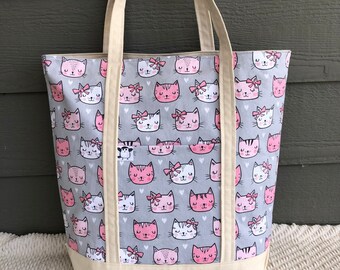 Pink and Grey Cats Canvas Tote