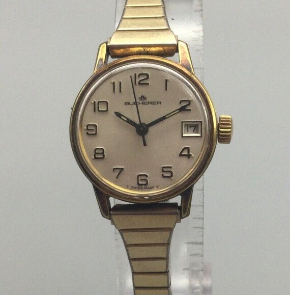 Vintage Bucherer Watch Women Gold Tone Date Stretc