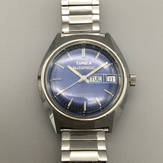 Vtg Timex Viscount Automatic Watch Men 34mm Blue … - image 10