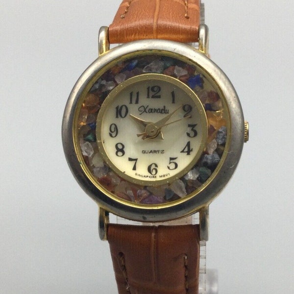 Vintage Xanadu Watch Women Gold Tone Stones Bezel MOP Leather Band New Battery