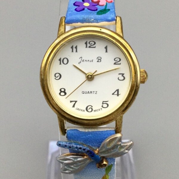 Vintage Jennie B Watch Women 24mm Gold Tone Dragon Fly Floral Band New Battery