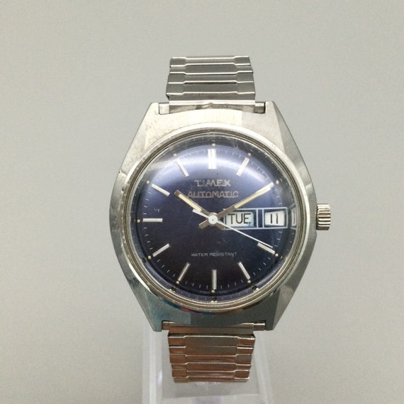 Vtg Timex Viscount Automatic Watch Men 34mm Blue … - image 2