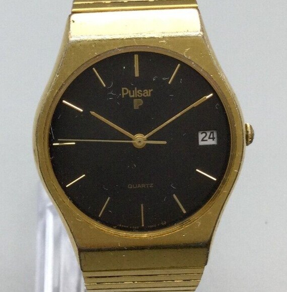 Vtg Pulsar Watch Men 31mm Gold Tone Black Dial Dat