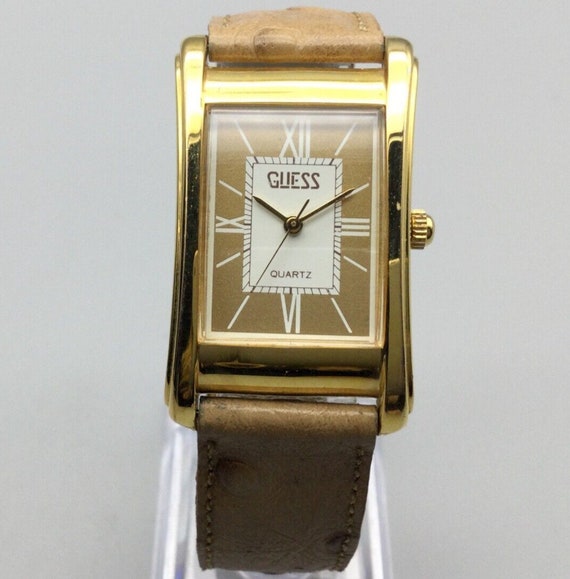 Vintage Guess Watch Women 23mm Gold Tone Tank Leat