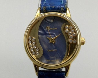 Vintage Ronica Watch Women 26mm Blue MOP Dial Floating Crystals New Battery
