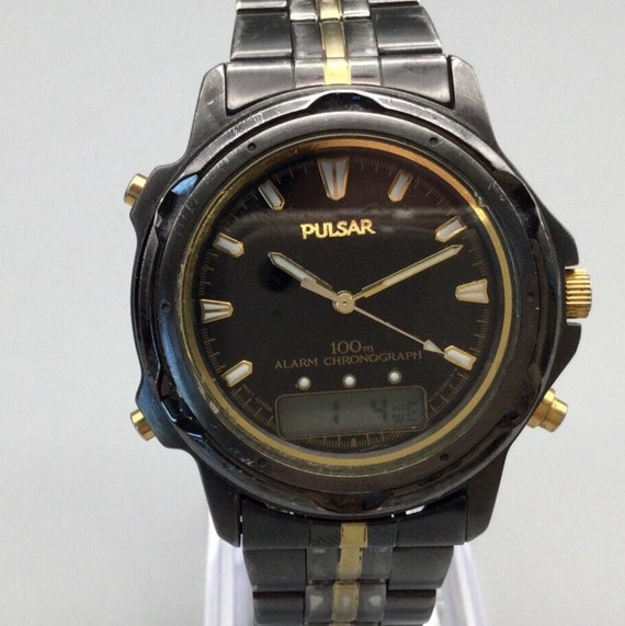 Vtg Pulsar Watch Men Gold Black Tone V072-0050 Ala