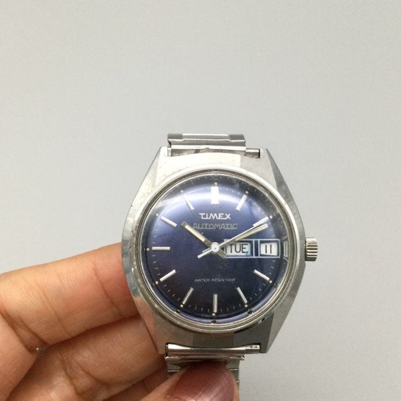 Vtg Timex Viscount Automatic Watch Men 34mm Blue … - image 9