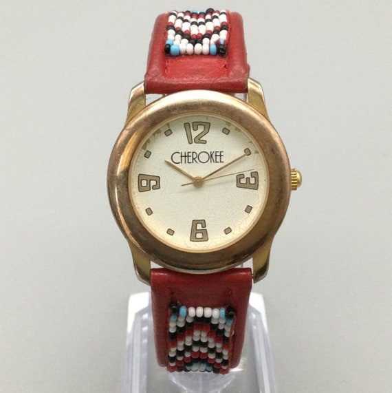 Vintage Cherokee Watch Women 32mm Gold Tone Red Be