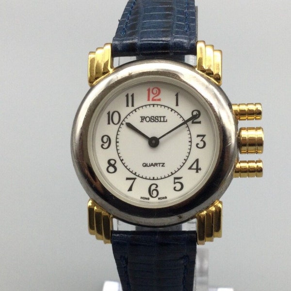 Vintage Fossil Watch Unisex Silver Gold Tone Blue Band Art Deco New Battery