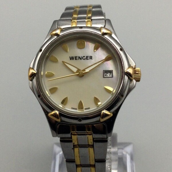 Vintage Wenger Watch Women 30mm Silver Gold Tone MOP Swiss New Battery 6.25"