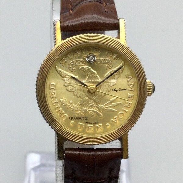 Vtg Oleg Cassini Watch Women 23mm Gold Tone Faux Coin Dial New Battery