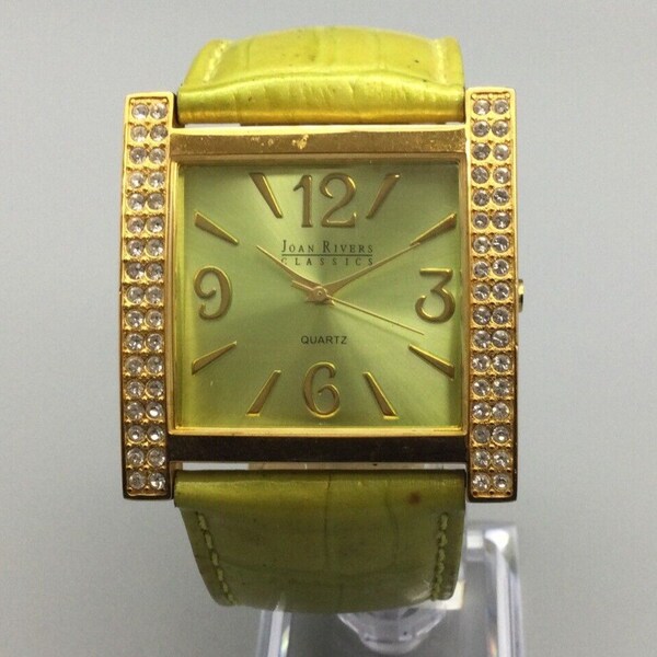 Vintage Joan Rivers Watch Women Gold Tone Square Pave Green Band New Battery