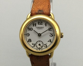 Vintage Consort Watch Women Gold Tone Round White Dial Small Seconds New Battery