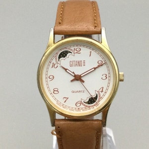 Vintage Gitano Moon Phase Watch Women Gold Tone 31mm Leather Band New Battery