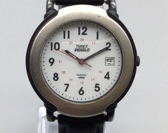 Vtg Timex Watch Men 36mm Silver Tone Indiglo Date 1997 Leather Band New Battery