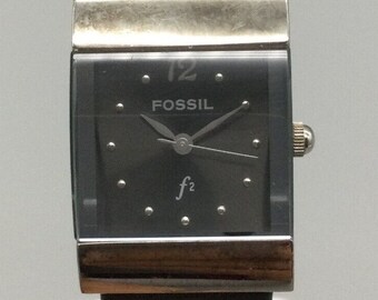 Vtg Fossil F2 Watch Women 21mm Silver Tone Square Leather Band New Battery